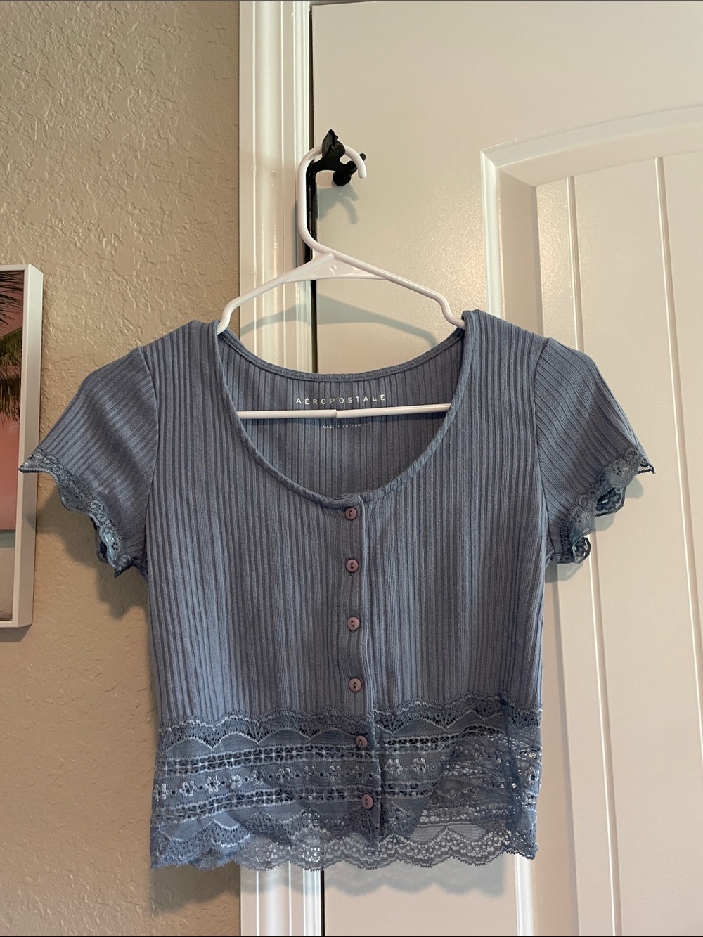 Aeropostale Dusty Blue Lace-Trim Ribbed Button Crop Top